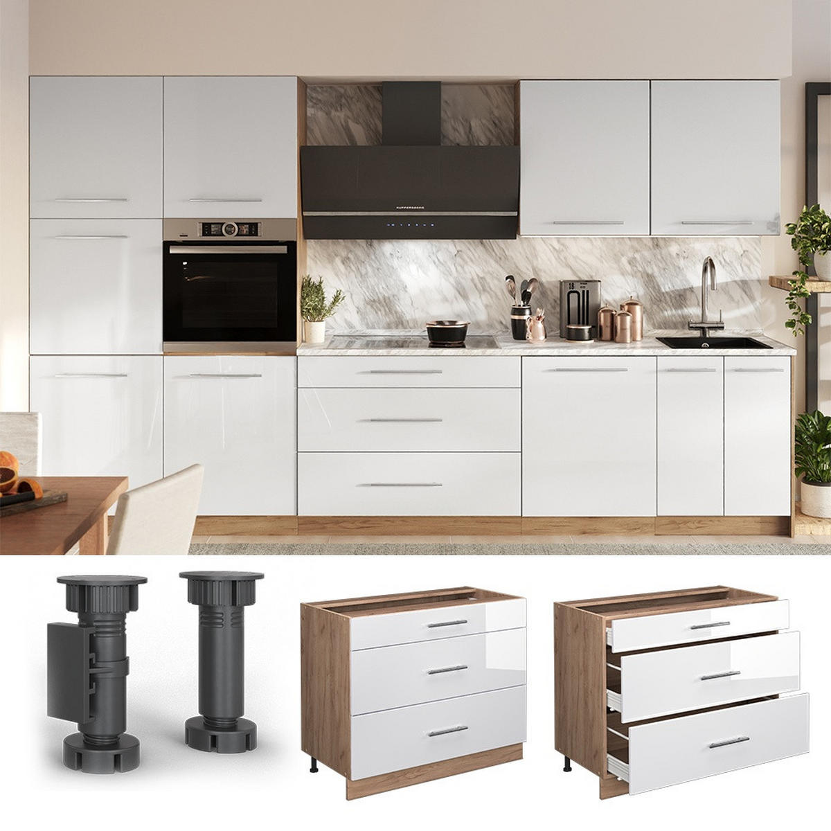 KÜCHENUNTERSCHRANK Fame-Line, Weiß Hochglanz/Goldkraft Eiche, 100 cm, AP Anthrazit - Honigeiche/Weiß Hochglanz, Holzwerkstoff (100/82/60cm) - Vicco