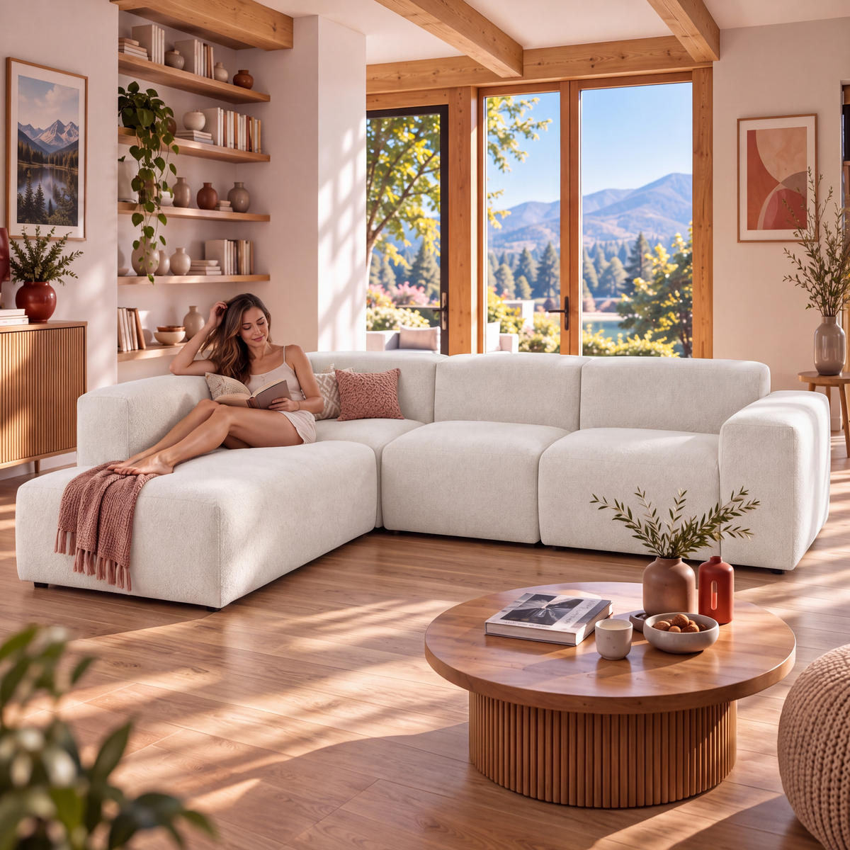 4-SITZER modulares Ecksofa HEAVEN SET 2 Links, Breite 300 cm Webstoff Weiß - Schwarz/Weiß, Holz/Kunststoff (300/245cm) - Muffo