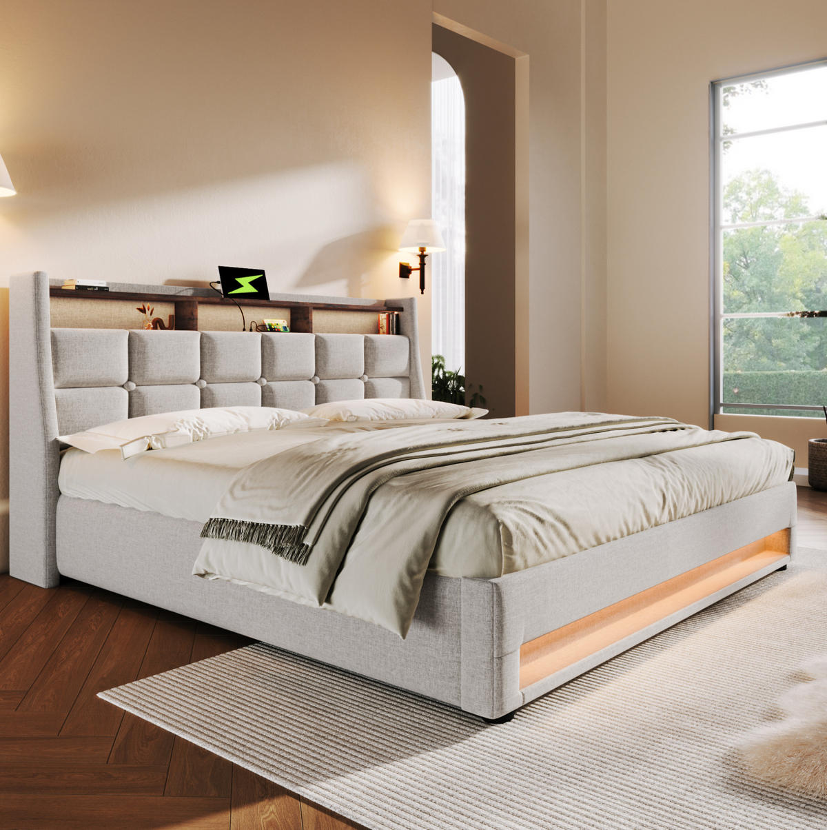 POLSTERBETT mit USB, LED und Bettkasten 140x200 cm Beige inklusive Matratze - Beige, Metall (140/200cm) - Meubliv