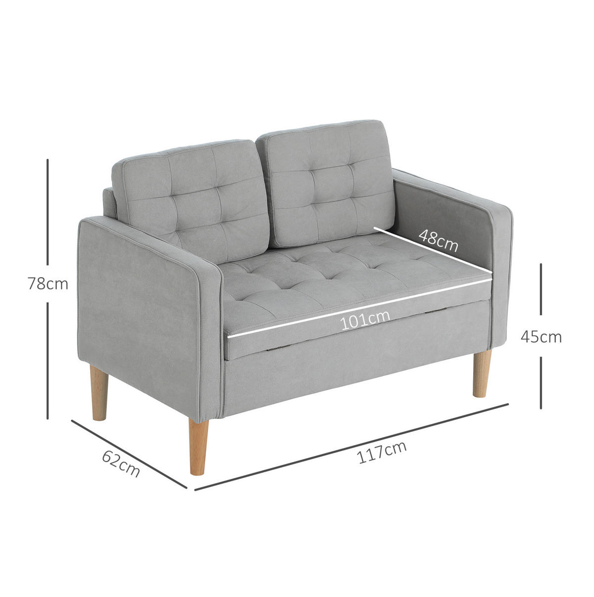 SOFA 2-Sitzer mit Stauraum 117 cm Samtoptik Hellgrau - Hellgrau, Holzwerkstoff (117/78/62cm) - Meubliv