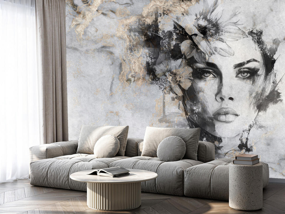 FOTOTAPETE für Wohnzimmer Frau Porträt Beton Blumen Modern 400x280 - Goldfarben/Schwarz, Papier (400/280cm) - Muralo