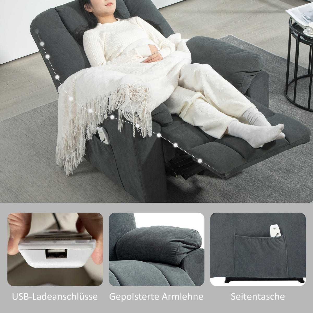 ELEKTRISCH Relaxsessel Fernsehsessel mit Liegefunktion Wärmefunktion Fußteil - Dunkelgrau, Textil (88/101/97cm) - HOMCOM