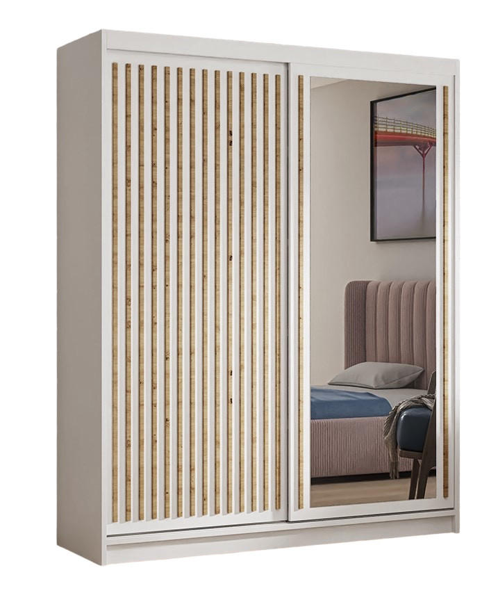 SCHWEBETÜRENSCHRANK Dora 100 cm mit Lamellen und Spiegel 2-türig, weiß, Lamelle artisan - Weiß/Eiche Artisan, Kunststoff (100/205/60cm) - Margaret Hadas24