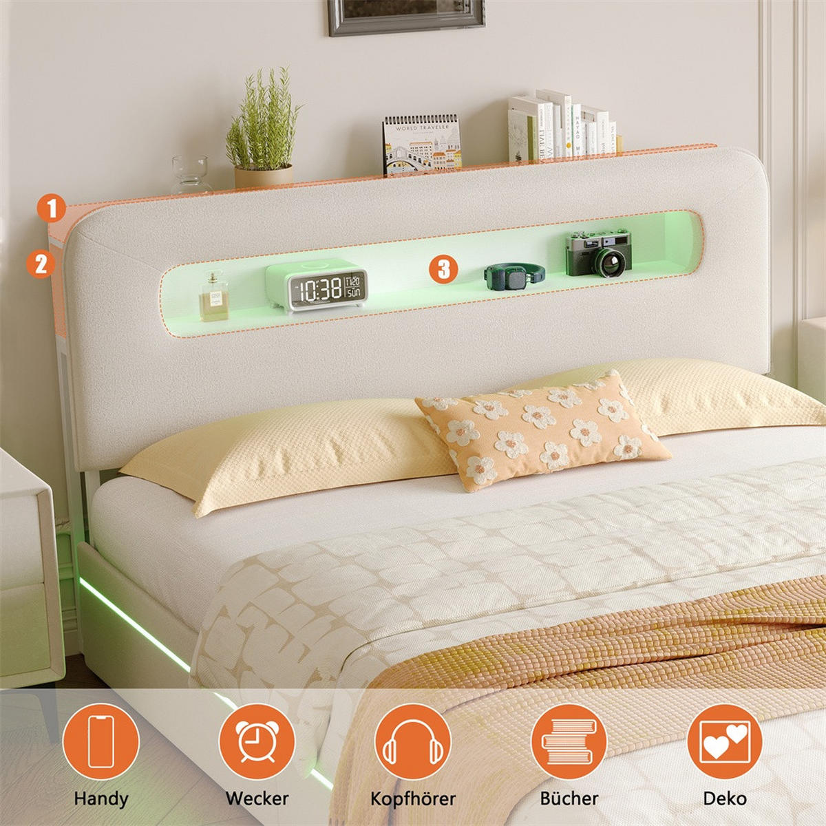 POLSTERBETT 140x200cm mit hydraulischer Hebefunktion und LED-Beleuchtung - ohne Matratze - Beige - Beige, Textil (140/200cm) - DELFA