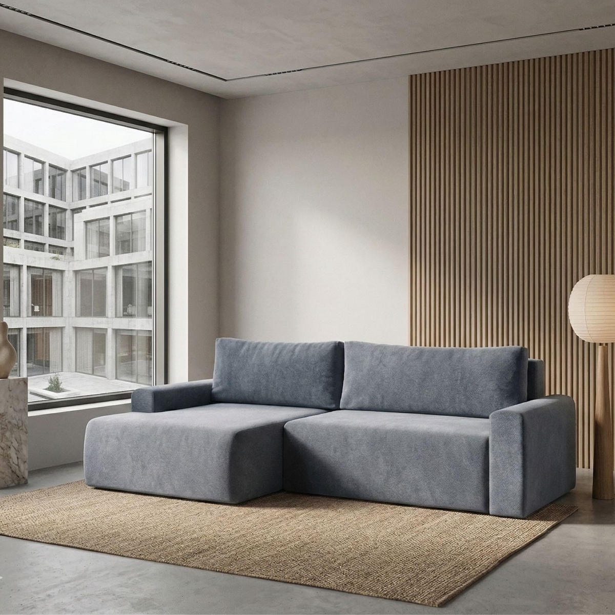 ECKSOFA MILO LARGE mit Schlaffunktion, Bettkasten und Cordbezug, Links - VIBE 95 - Dunkelgrau, Holz (270/142cm) - Dekori_Interiors