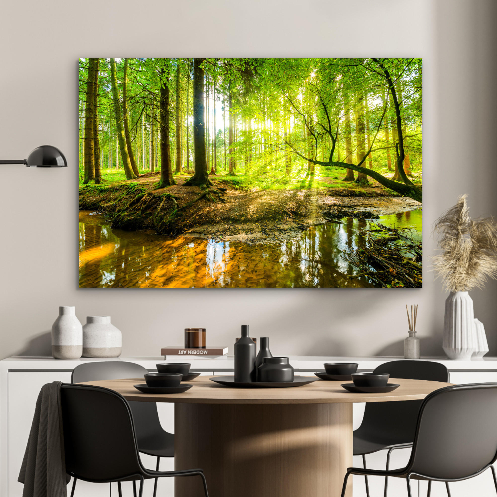 METALLBILD Wald - Landschaft - Wasser - Bäume - Sonne - Grün - Natur 90x60 cm - Grün, Metall (90/60cm) - MuchoWow