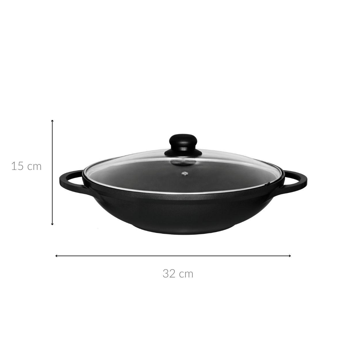 WOK mit Glasdeckel Ø 32 cm - Schwarz, Metall (32cm)