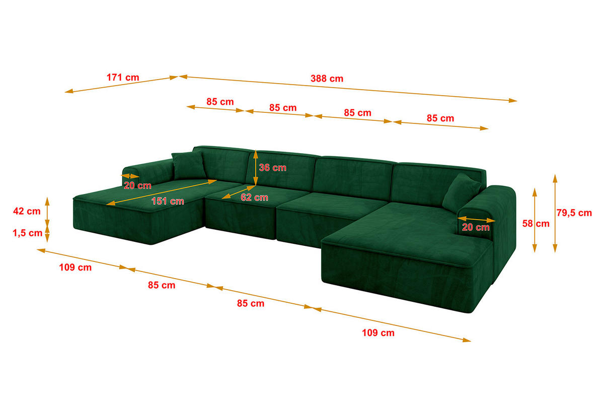 WOHNLANDSCHAFT IREA-U2-v3 - 388x171x79 cm Grün - Grün, Holzwerkstoff/Textil (388/79/171cm) - ALTDECOR