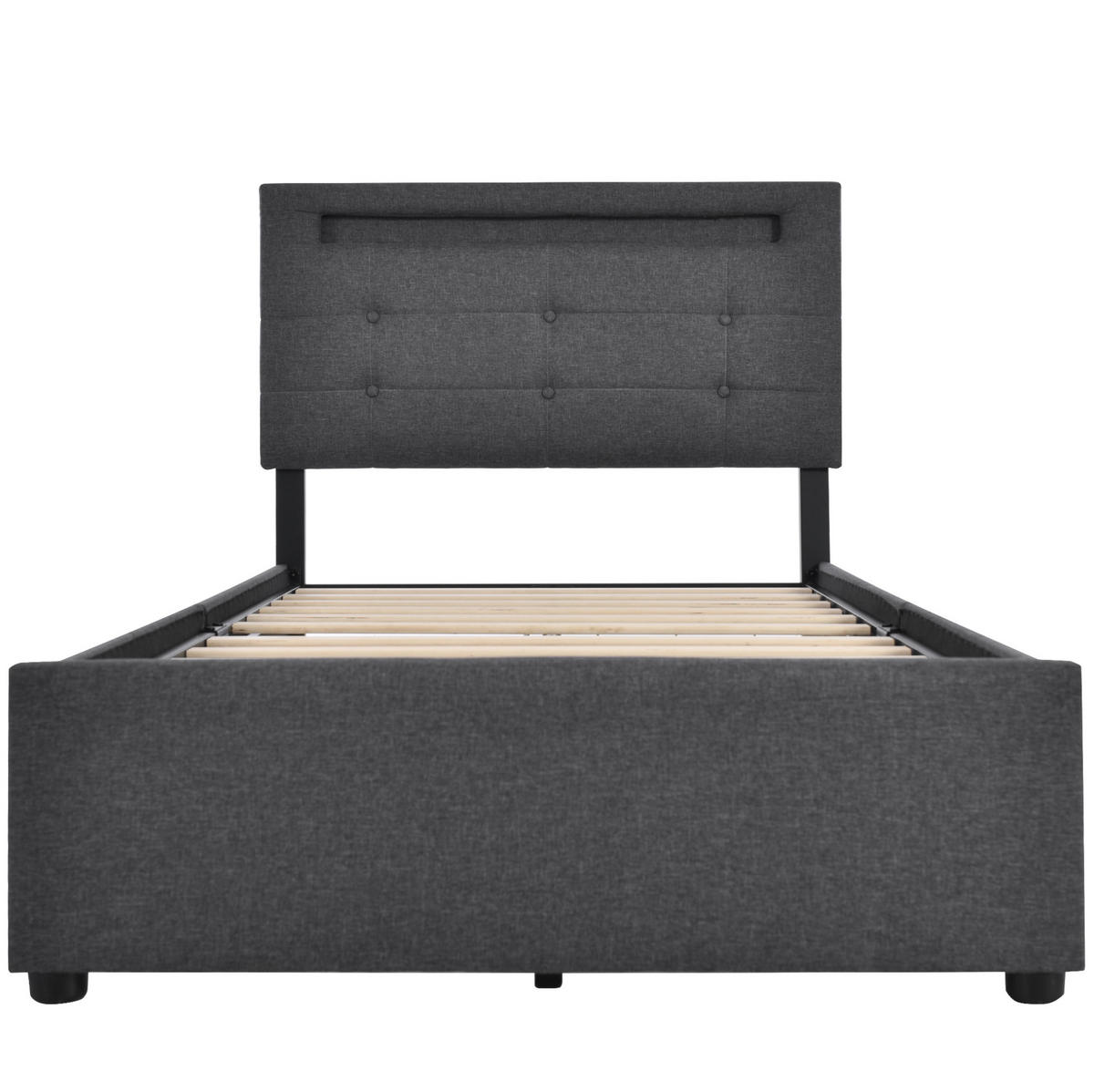 POLSTERBETT 90/200 cm Grau aus Leinen mit LED-Beleuchtung und 2 Schubladen - Grau, Textil (90/200cm) - OKMYHOME