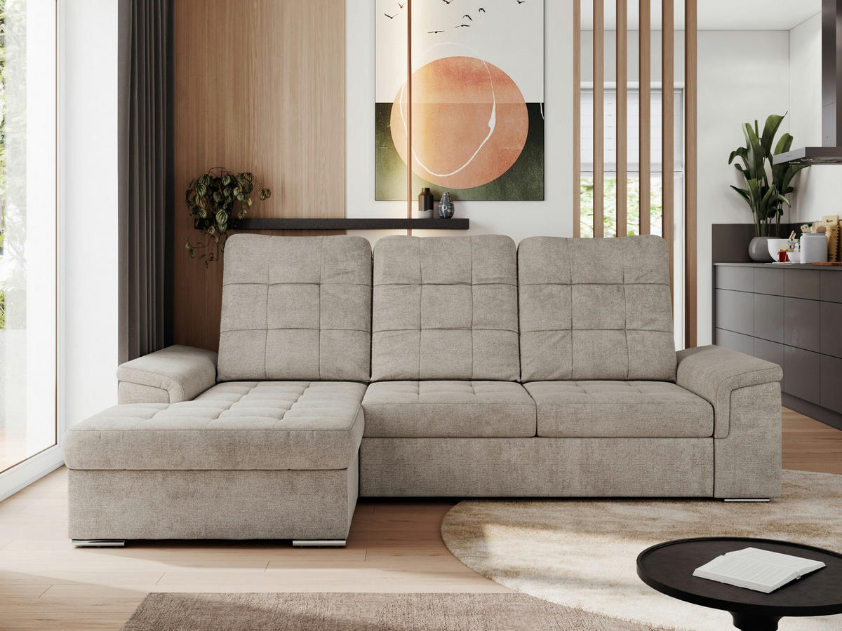 ECKSOFA MADRITO L - Beige Struktur - Links - Beige/Silberfarben, Textil/Metall (160/256cm)