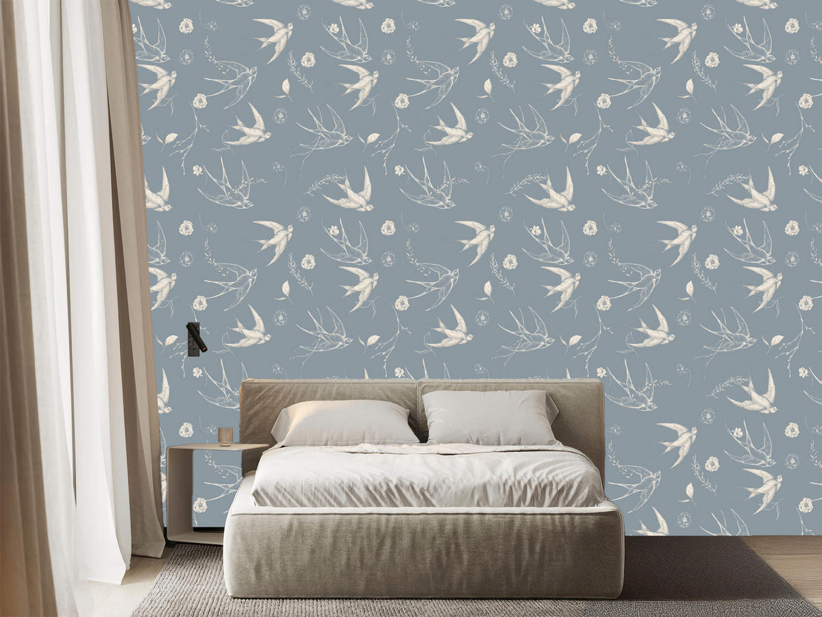 VLIESTAPETE Schwalben und Blüten – Blaugrau, Weiß – 50x1000 cm - Blaugrau/Weiß, Papier (50/1000cm) - Muralo