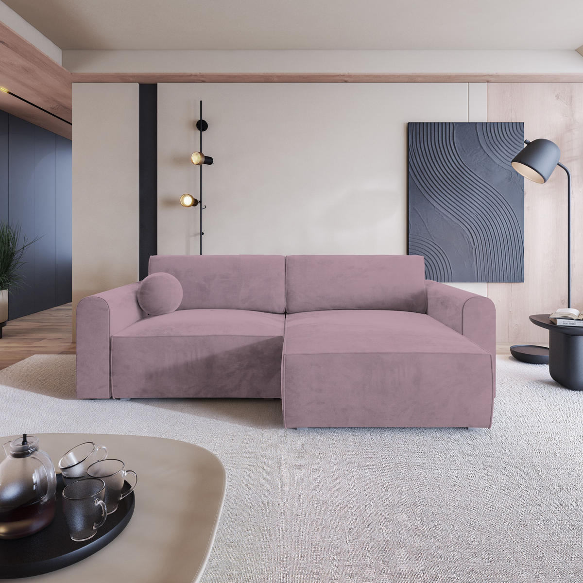 ECKSOFA FIANO M Lila Velours-Stoff mit Schlaffunktion - Lila/Grau, Holz/Kunststoff (245/148cm) - MASSENO