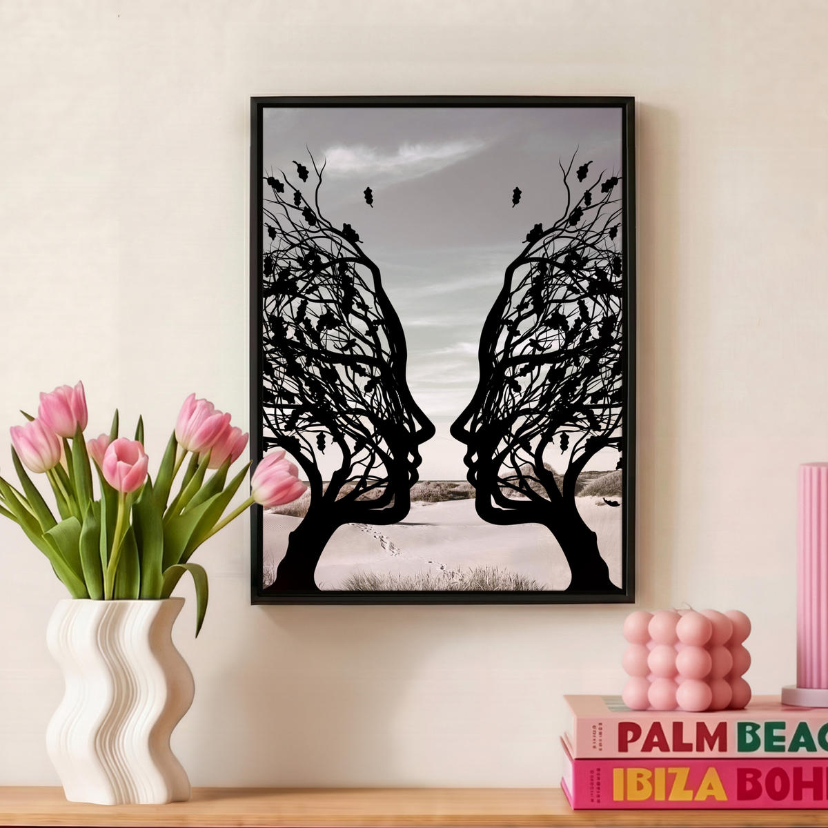 LEINWAND Bilder mit Rahmen - Strand - Meer - Menschen - Baum - Moderne Kunst - 30x40 - Hellgrau, Textil (30/40cm) - MuchoWow