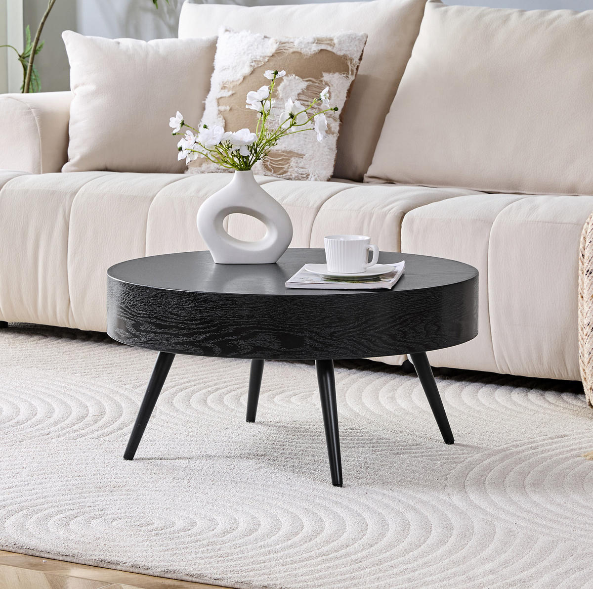 COUCHTISCH 70/35.5 cm Schwarz aus MDF und Metall in runder Form - Schwarz, Holzwerkstoff (70/70/35.5cm) - OKMYHOME