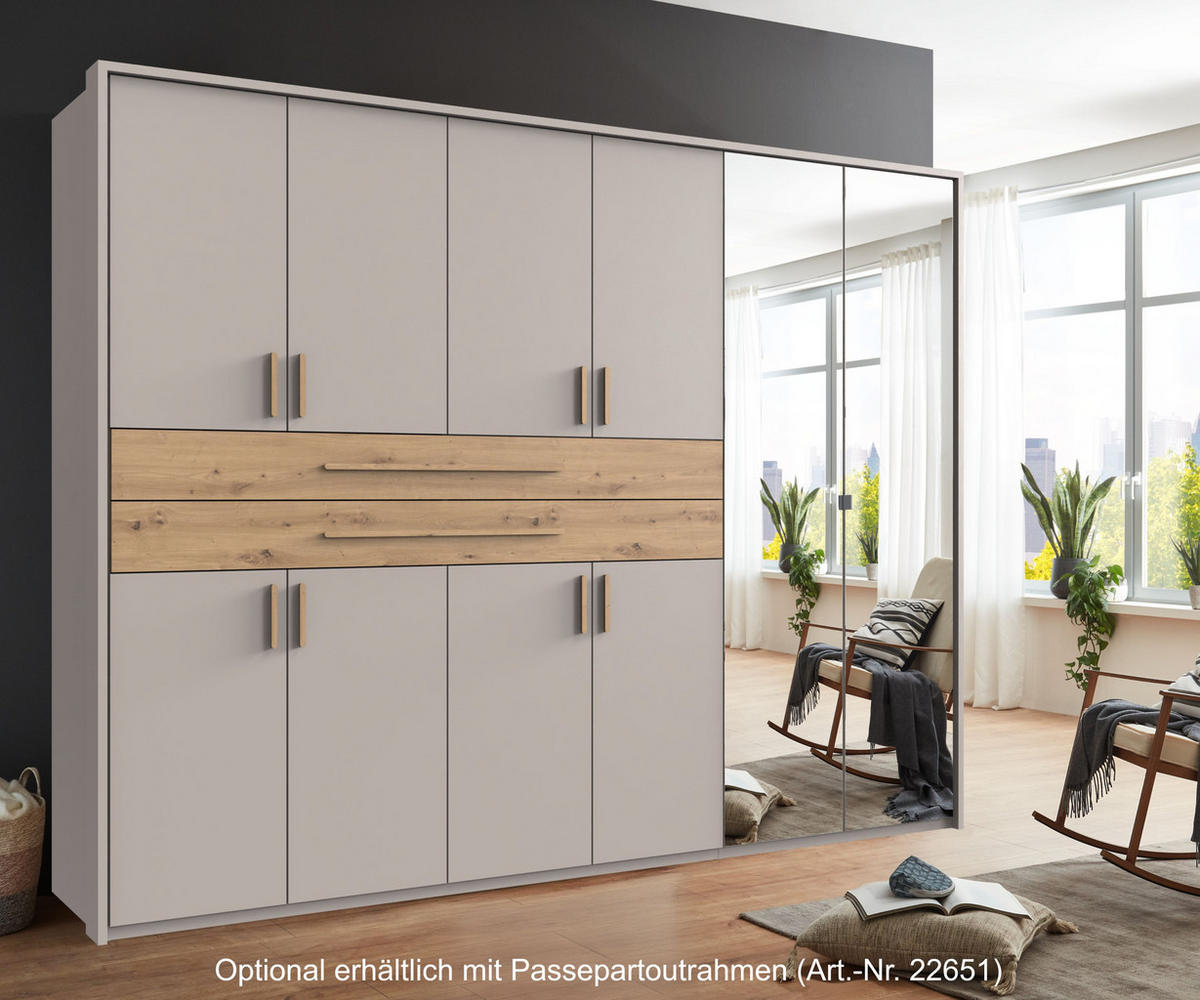 SKŘÍŇ S OTOČNÝMI DVEŘMI B270/H208/T58 cm, béžovo-šedá, šatní skříň se 2 zrcadlovými dveřmi, 2 zásuvkami a úchytkami v dekoru dub Artisan / 22648 - šedobéžová/dub artisan, kompozitní dřevo/plast (270/208/58cm) - luma-home