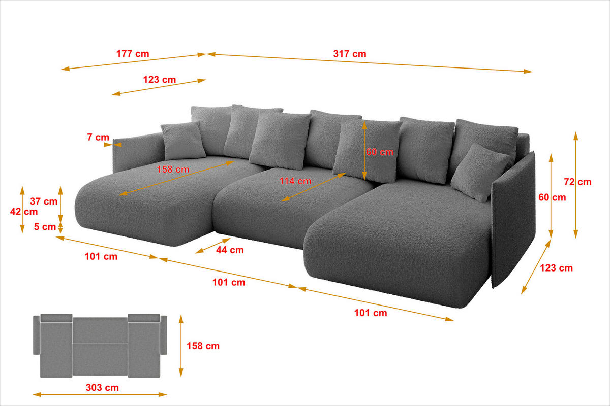 WOHNLANDSCHAFT mit Schlaffunktion und Bettkasten ONESK-U 317x177x72 Grau Bouclé - Platinfarben, Holzwerkstoff/Kunststoff (317/72/177cm) - ALTDECOR