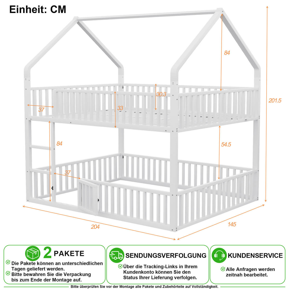ETAGENBETT 140/200 cm in Weiß mit Tür, Treppe und Hausrahmen aus Metall - Weiß, Metall (140/200cm) - CHICFURN