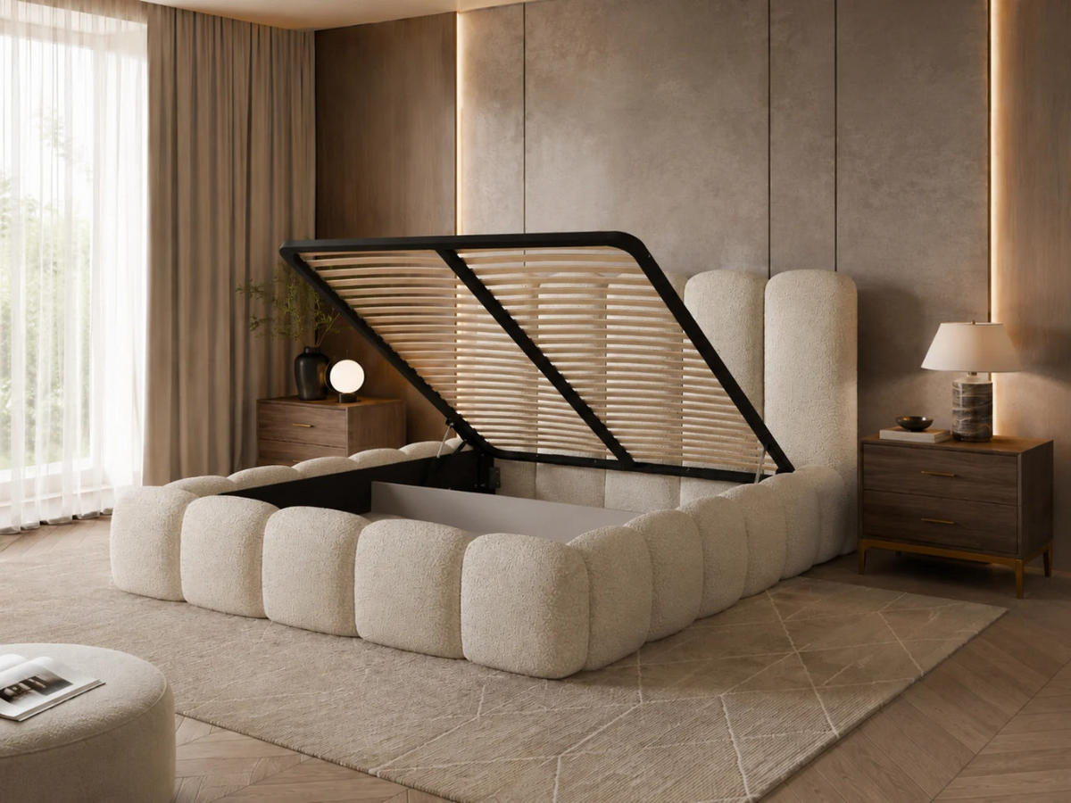 POLSTERBETT TEDDY 120x200 cm in Beige mit Metalllattenrost, Bettkasten, gepolstertes Kopfteil Bouclé-Stoff - Beige, Holz/Textil (120/200cm) - EMLAR Home