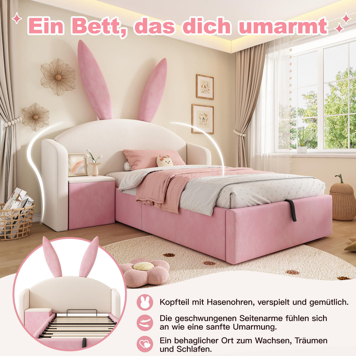 POLSTERBETT 90/190 cm in Beige & Rosa aus Samt mit Stauraum und Nachttisch - Beige/Rosa, Holzwerkstoff/Textil (90/190cm) - WISHDOR