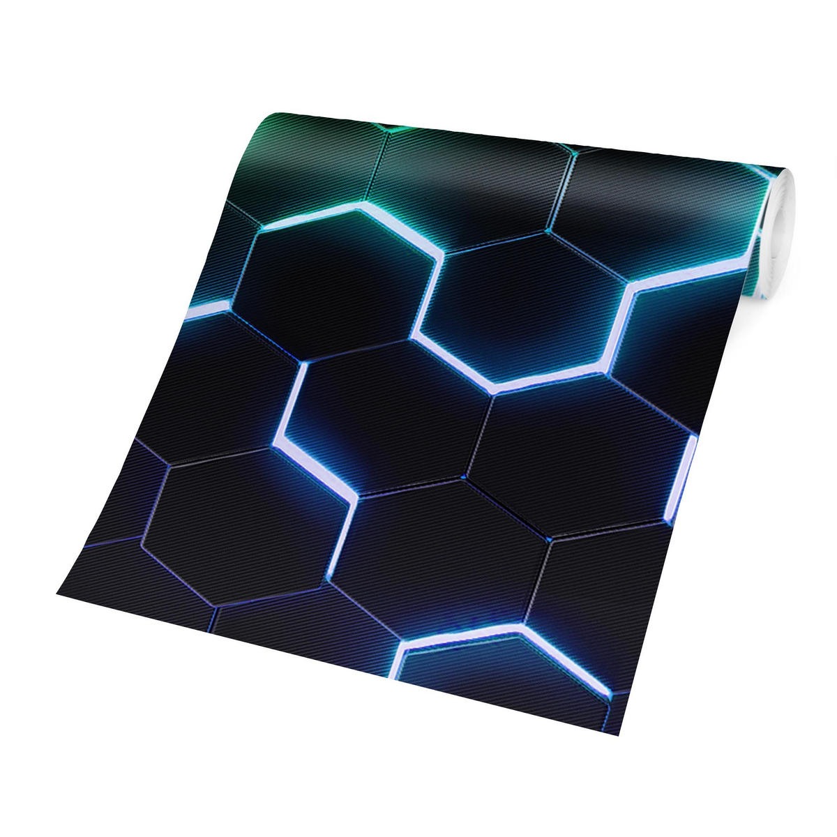 FOTOTAPETE Strukturierte Hexagone mit Neonlicht in Grün und Blau 432/290 cm - Schwarz, Papier (432/290cm) - Bilderwelten