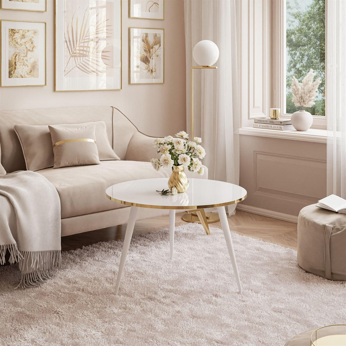 COUCHTISCH SOLEIL 2in1, rund, Hochglanz und Weiß Beinen - Weiß, Holzwerkstoff (70/70/47cm) - Lookway