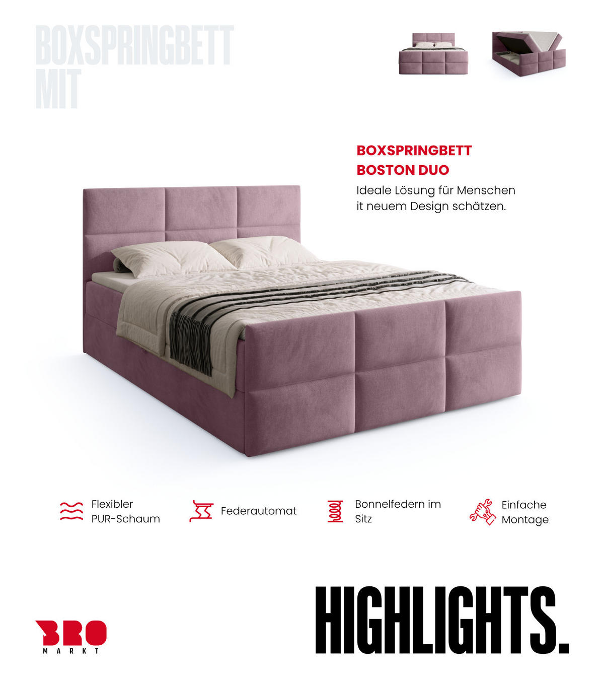 BOXSPRINGBETT Boston Duo Mit Bettkasten, Topper und Matratze Hellrosa Kronos 27 180x200 cm - Hellrosa/Schwarz, Textil (180/200cm) - Bromarkt