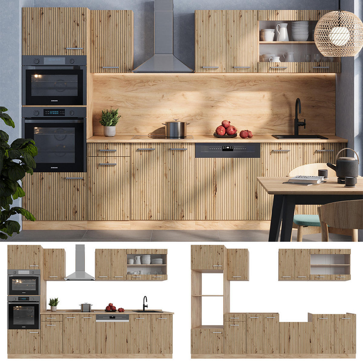 KÜCHENZEILE R-Line Artisan-Eiche/Goldkraft Eiche 300 cm mit Hochschrank ohne AP - Honigeiche/Eiche Artisan, Holzwerkstoff (300/81.6/46cm) - Vicco