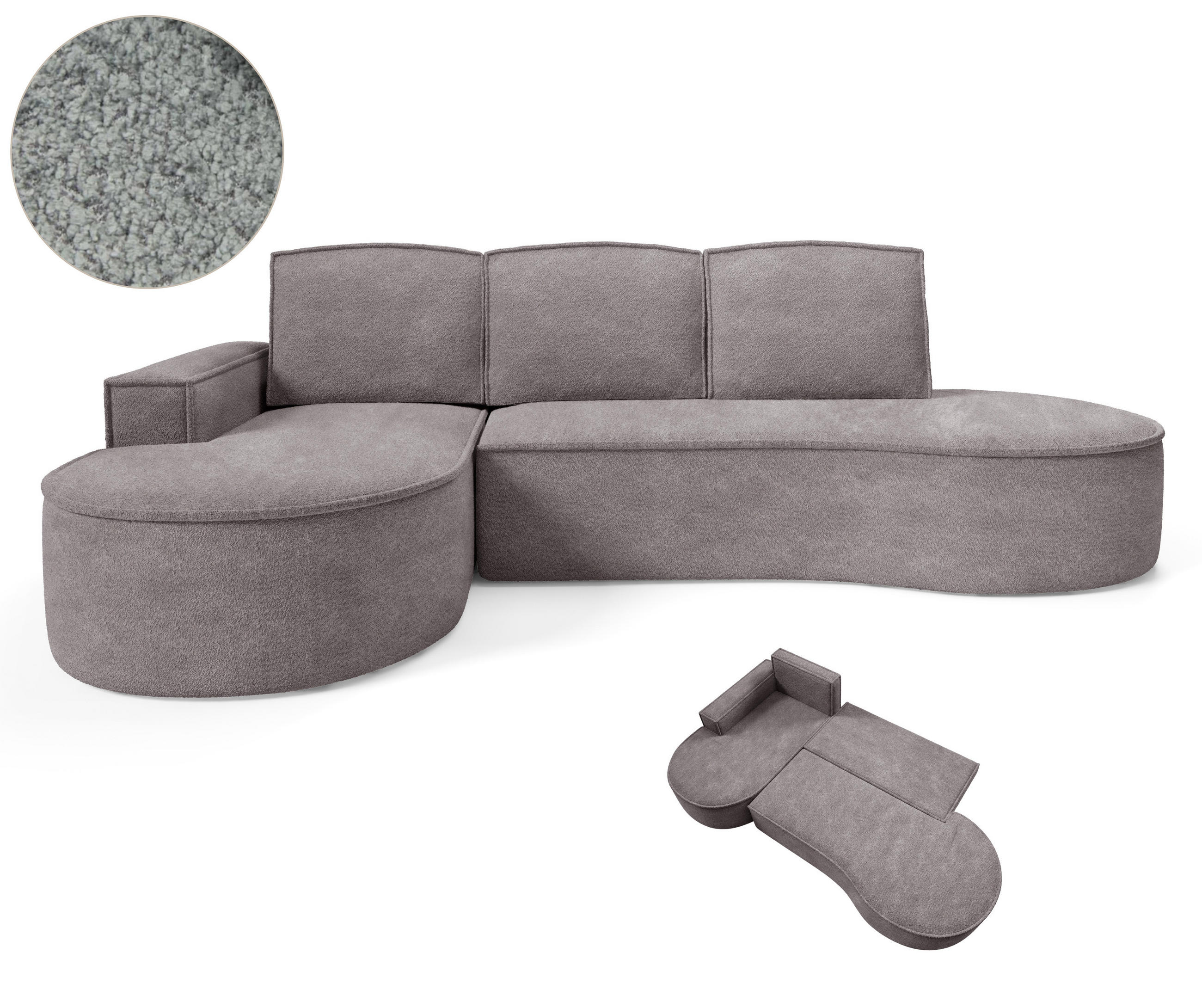 ECKSOFA MOLLY mit Schlaffunktion – Halbrund, freistehend, Liegefläche 140x207 cm, 3 Kissen, Abriamo-Stoff, 277x157x88 cm, Links Grau Seide - Hellgrau, Holz/Textil (157/277cm) - DomoHome