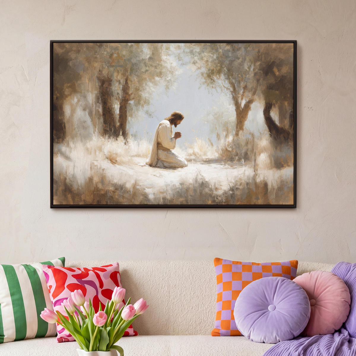 LEINWAND Bilder mit Rahmen - Jesus - Kniend - Waldlandschaft - Betend - 90x60 - Beige, Textil (90/60cm) - MuchoWow