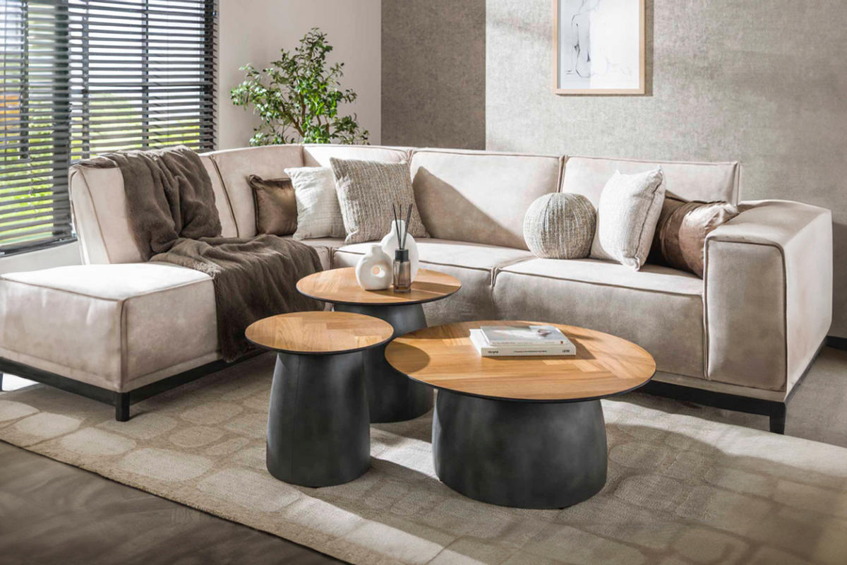 COUCHTISCH-SET LUJAN Braun Teakholz - Schwarz/Braun, Holz/Metall (80/80/35cm) - KAWOLA