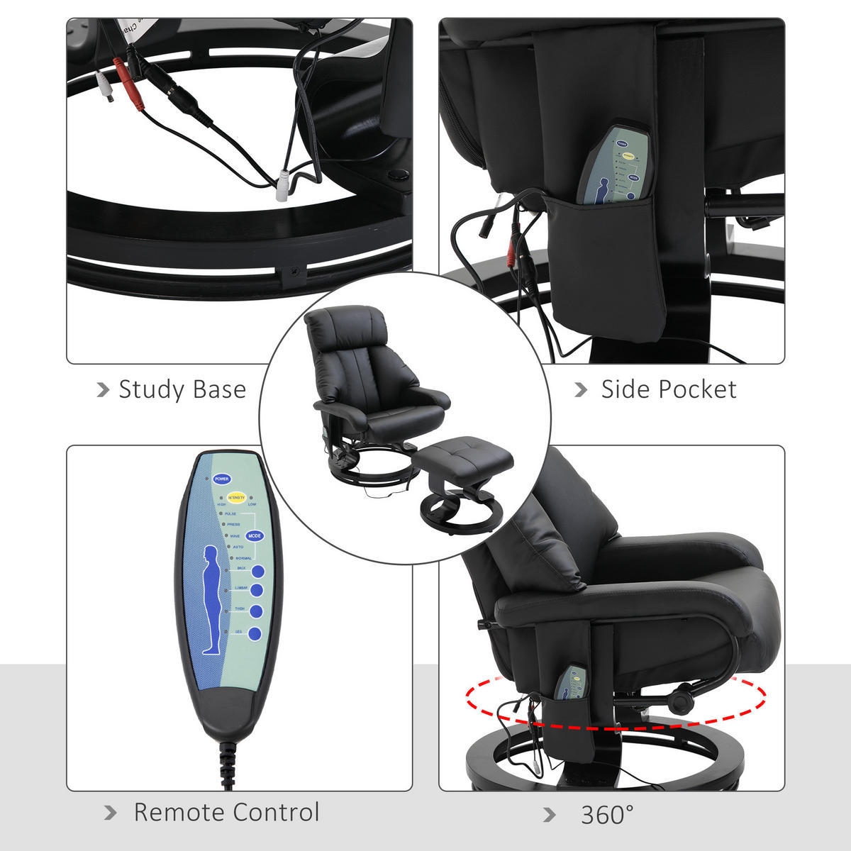 MASSAGESESSEL mit Fußhocker, Relaxsessel, Elektrischer Fernsehsessel, Kunstleder - Schwarz, Leder (80/102/76cm) - HOMCOM
