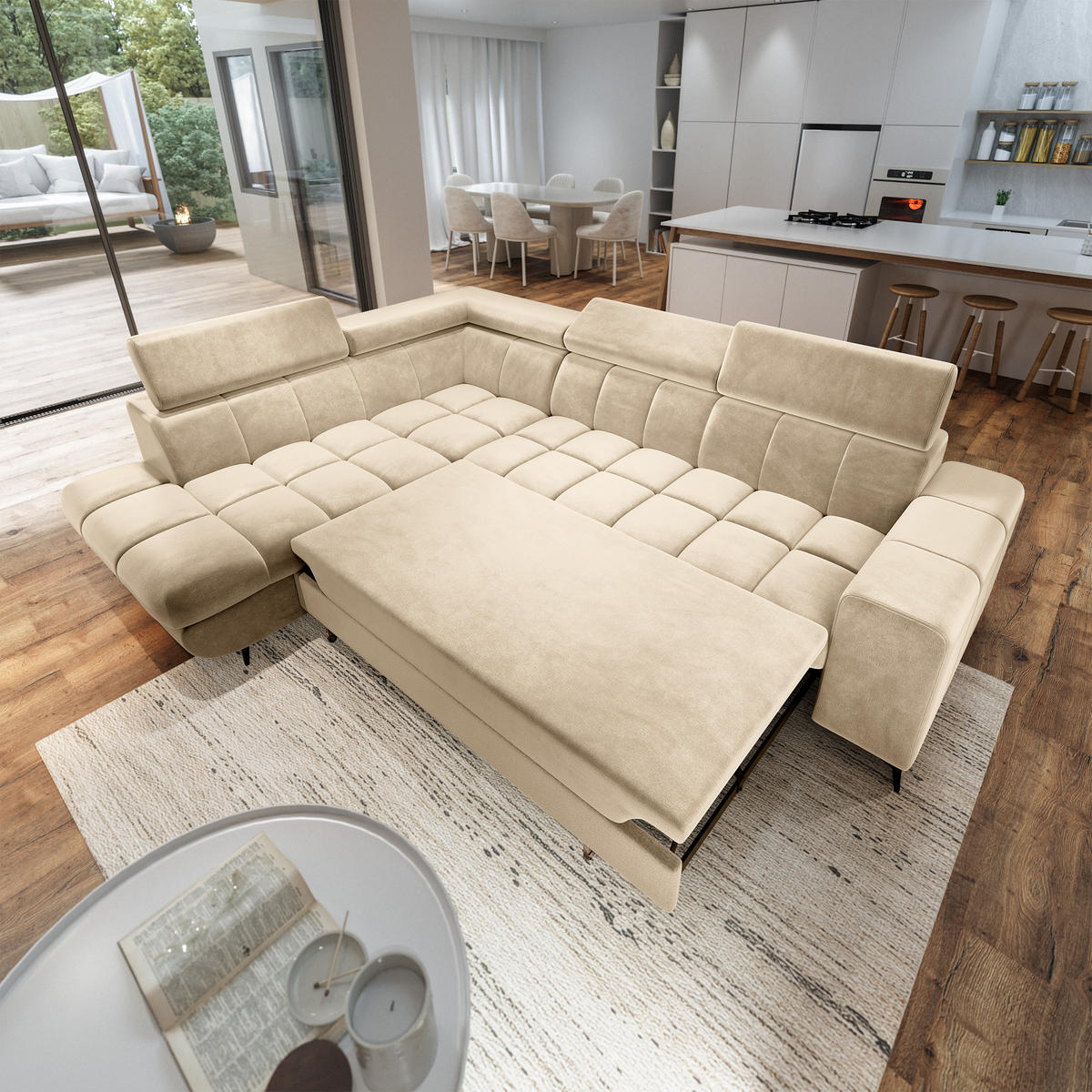 ECKSOFA MORIVA L-S Creme Velours-Stoff mit Schlaffunktion - Creme, Holz (253/190cm) - MASSENO