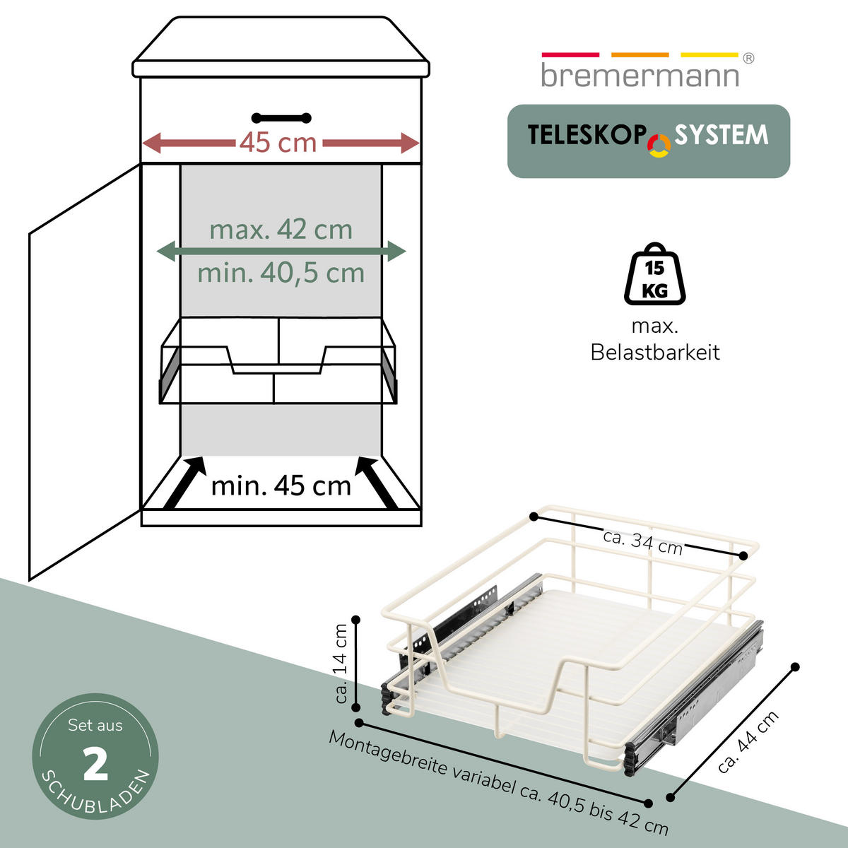 TELESKOPSCHUBLADEN (2er Set), für 45 cm Schrank, Metall, Cremeweiß - Creme, Metall (42/14/44cm) - bremermann
