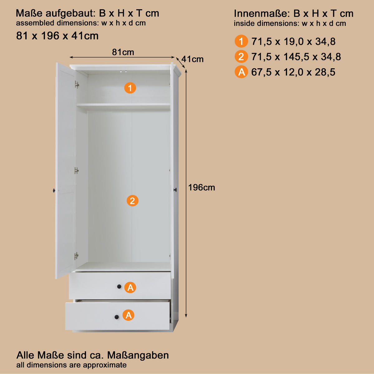 GARDEROBENSCHRANK weiß 81 x 196 cm, Flurgarderobe mit Kleiderstange - Silberfarben/Weiß, Holzwerkstoff/Metall (81/196/41cm) - Top.Furn
