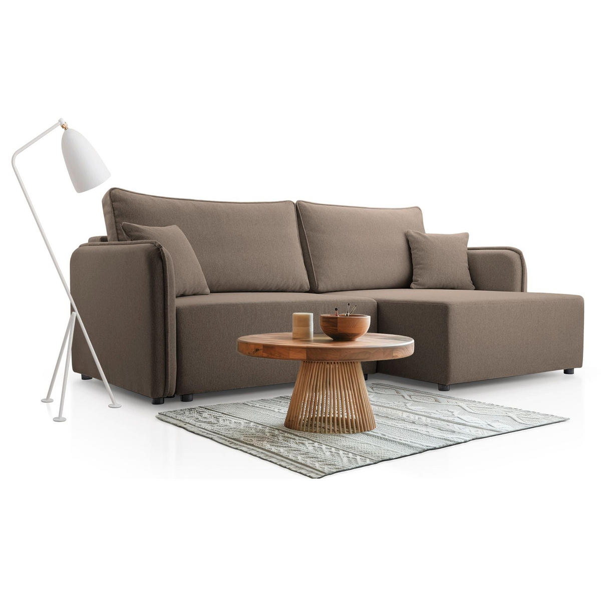 ECKSOFA Kassian, Hellbraun Strukturstoff, rechtsseitig - Hellbraun/Schwarz, Kunststoff/Textil (147/227cm) - Selsey