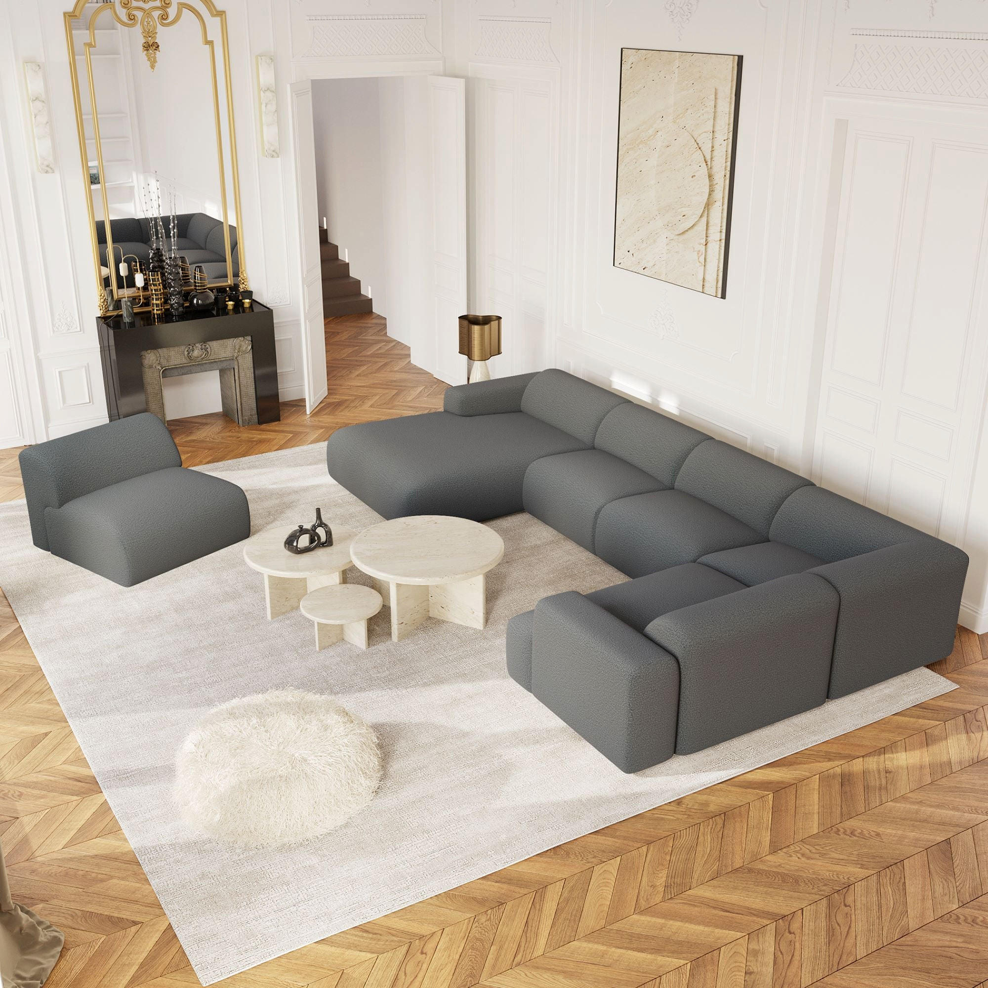 WOHNLANDSCHAFT Bouclé-Stoff Graphitgrau 354cm - Graphitfarben/Grau, Textil (354/164cm) - Sia Home