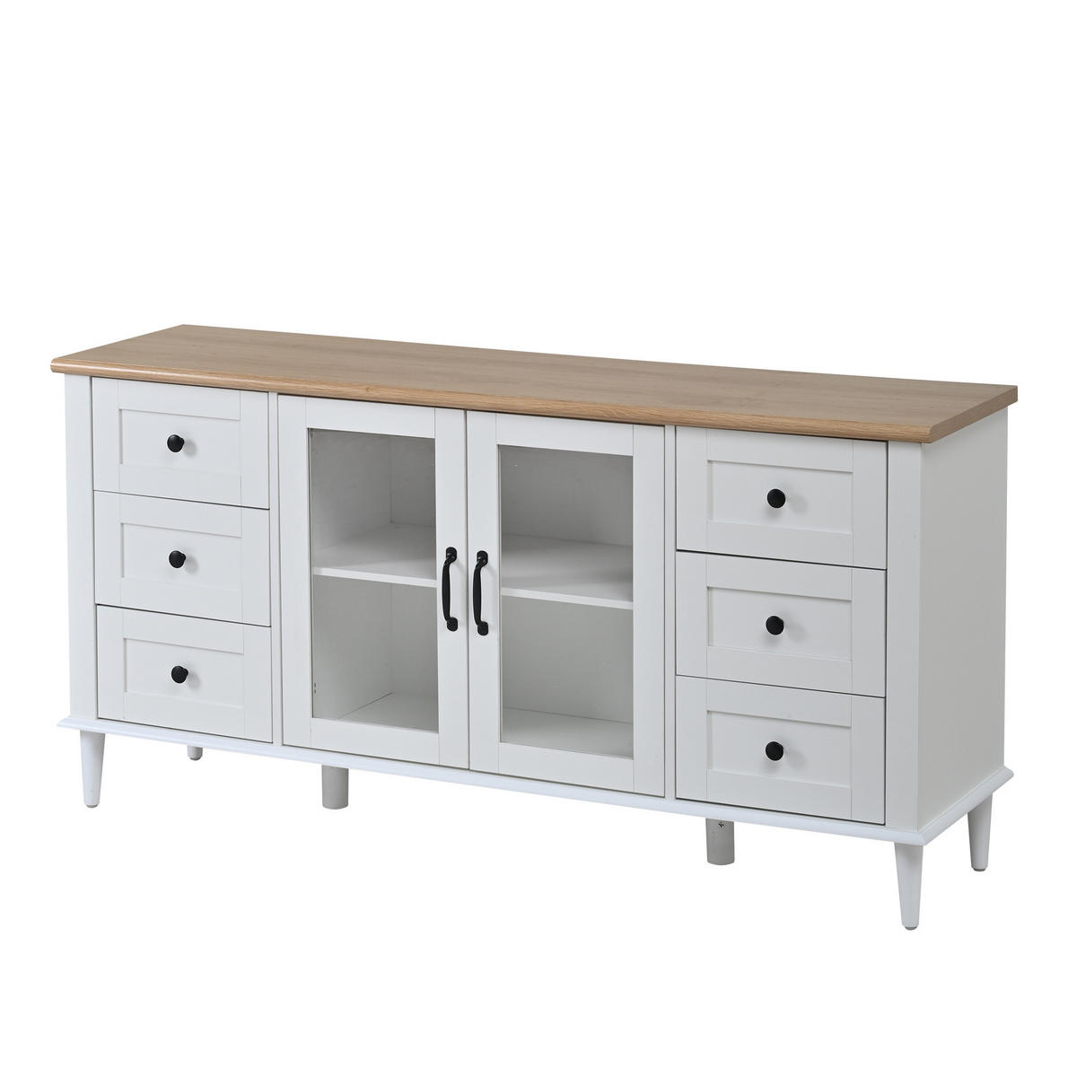 PŘÍBORNÍK z MDF 150x40x75 cm bílý v dekoru dřeva s LED osvětlením, 6 zásuvkami a 2 akrylovými dvířky - bílá, kompozitní dřevo (150/75/40cm) - Modfu