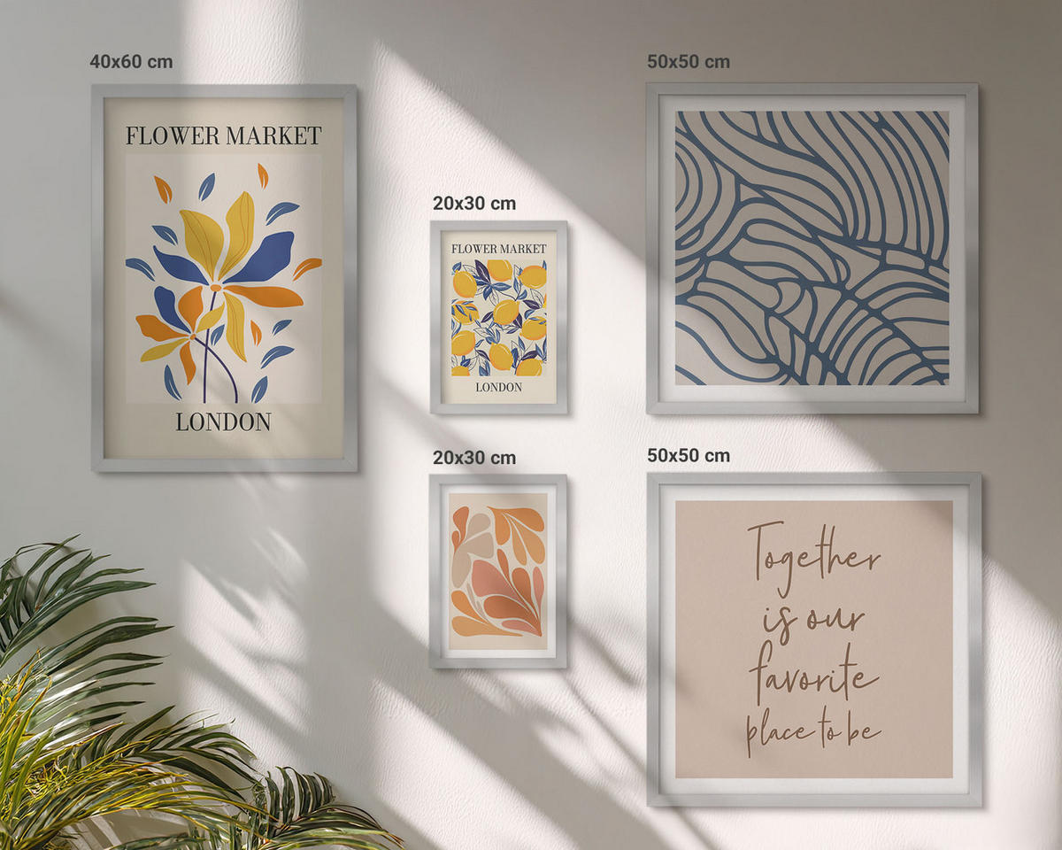 BILDER SET 5er Set - 50x50 cm & 20x30 cm & 40x60 cm Silberner Rahmen - Moderne abstrakte Blumen - Silberfarben, Kunststoff (40/60cm) - TULUP