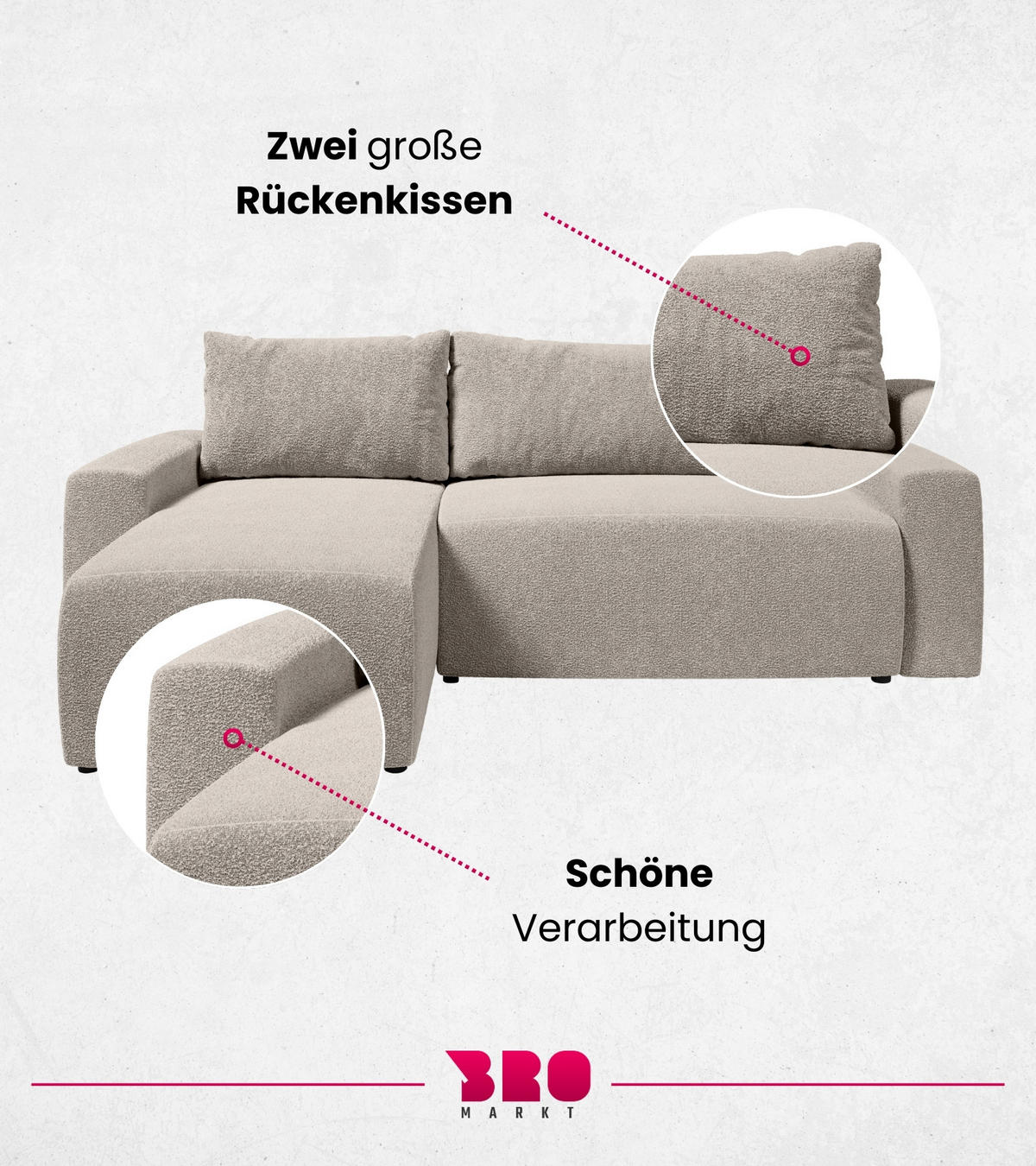 ECKSOFA PLUSH mit Schlaffunktion Ecru Boucle - Ecru, Textil (240/145cm) - Bromarkt