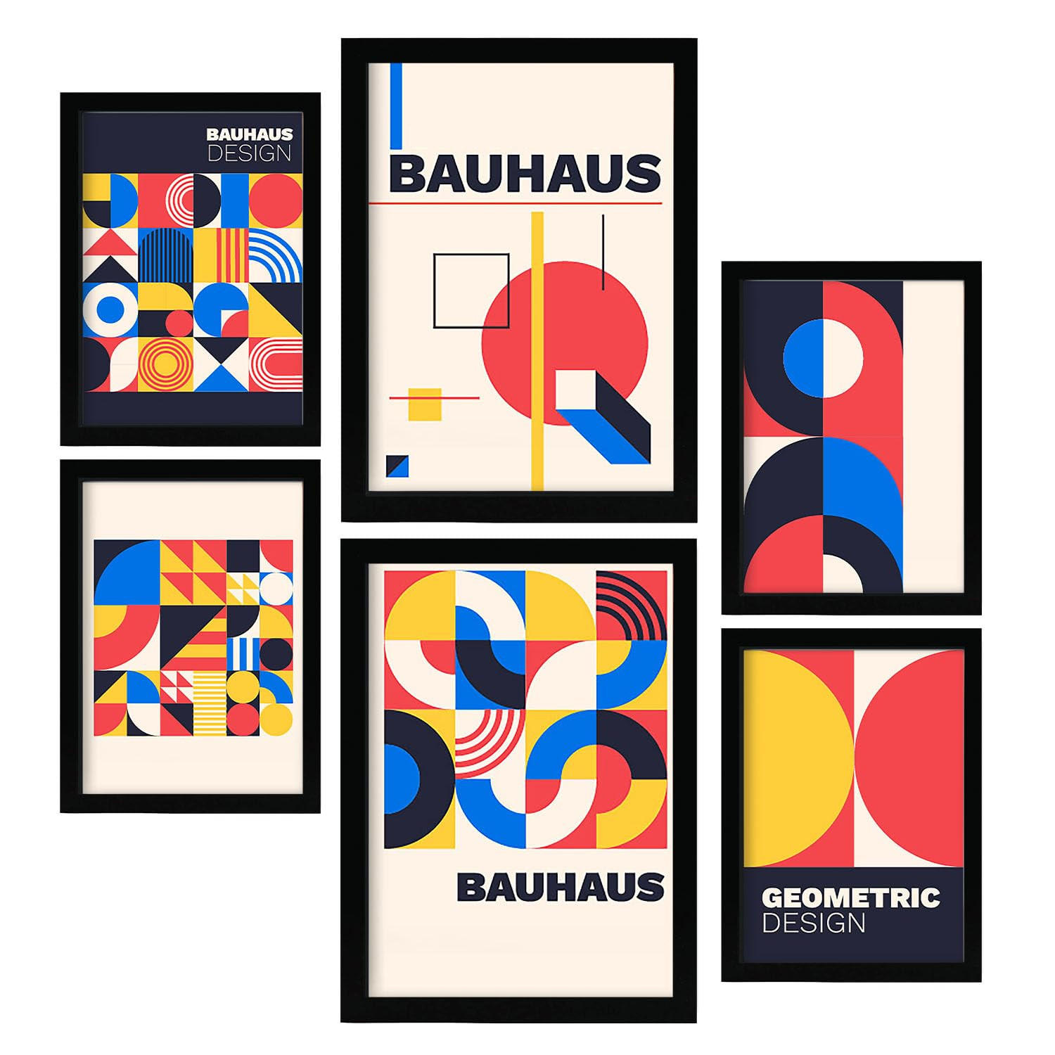 POSTER Set Mit 6 Drucken Im Bauhaus 2 Geometrische Designkollektion Drucke Mit Ästhetische Dekorative Rahmen Für Zuhause A3 & A4 Schwarzer Rahmen - Schwarz, Papier (29/3cm) - Nacnic
