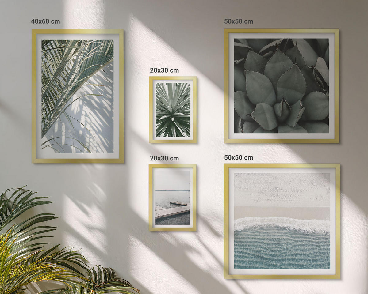 WANDBILDER 5er Set - 50x50 cm & 20x30 cm & 40x60 cm Goldrahmen - Hängebrücke aus Palmenblättern - Goldfarben, Kunststoff (40/60cm) - ArtPrintCave