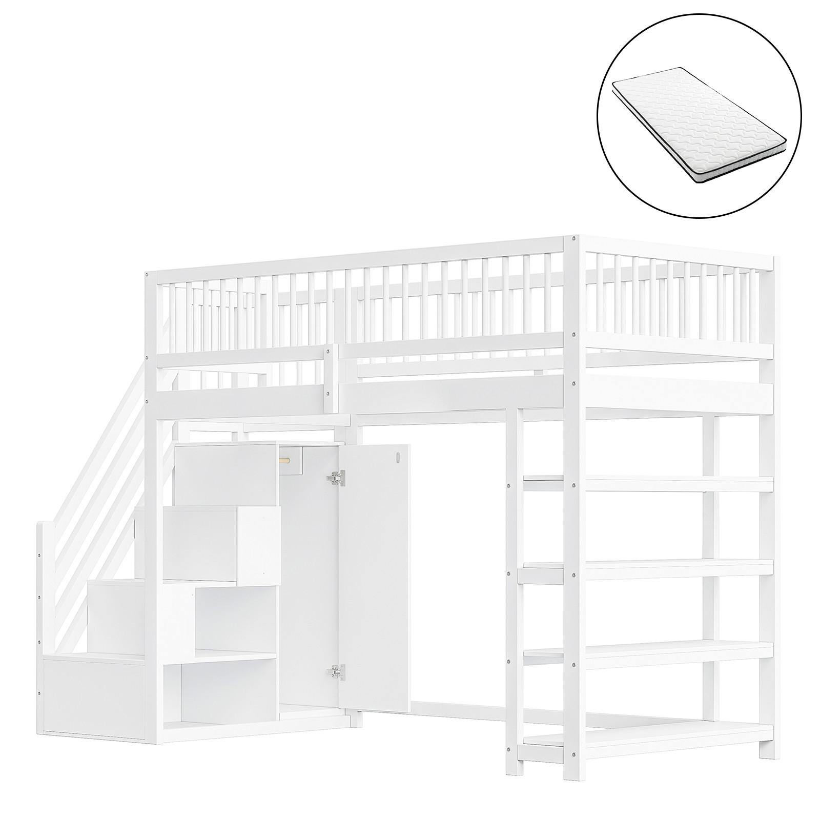 HOCHBETT 90/200 cm weiß mit Sicherheitsausschnitt und Stauraum mit Matratze - Weiß, Holzwerkstoff (90/200cm) - OKWISH