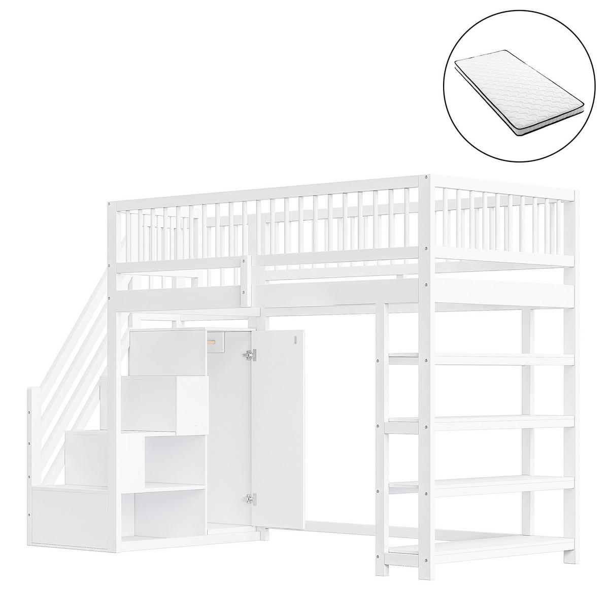 HOCHBETT 90/200 cm weiß mit Sicherheitsausschnitt und Stauraum mit Matratze - Weiß, Holzwerkstoff (90/200cm) - OKWISH