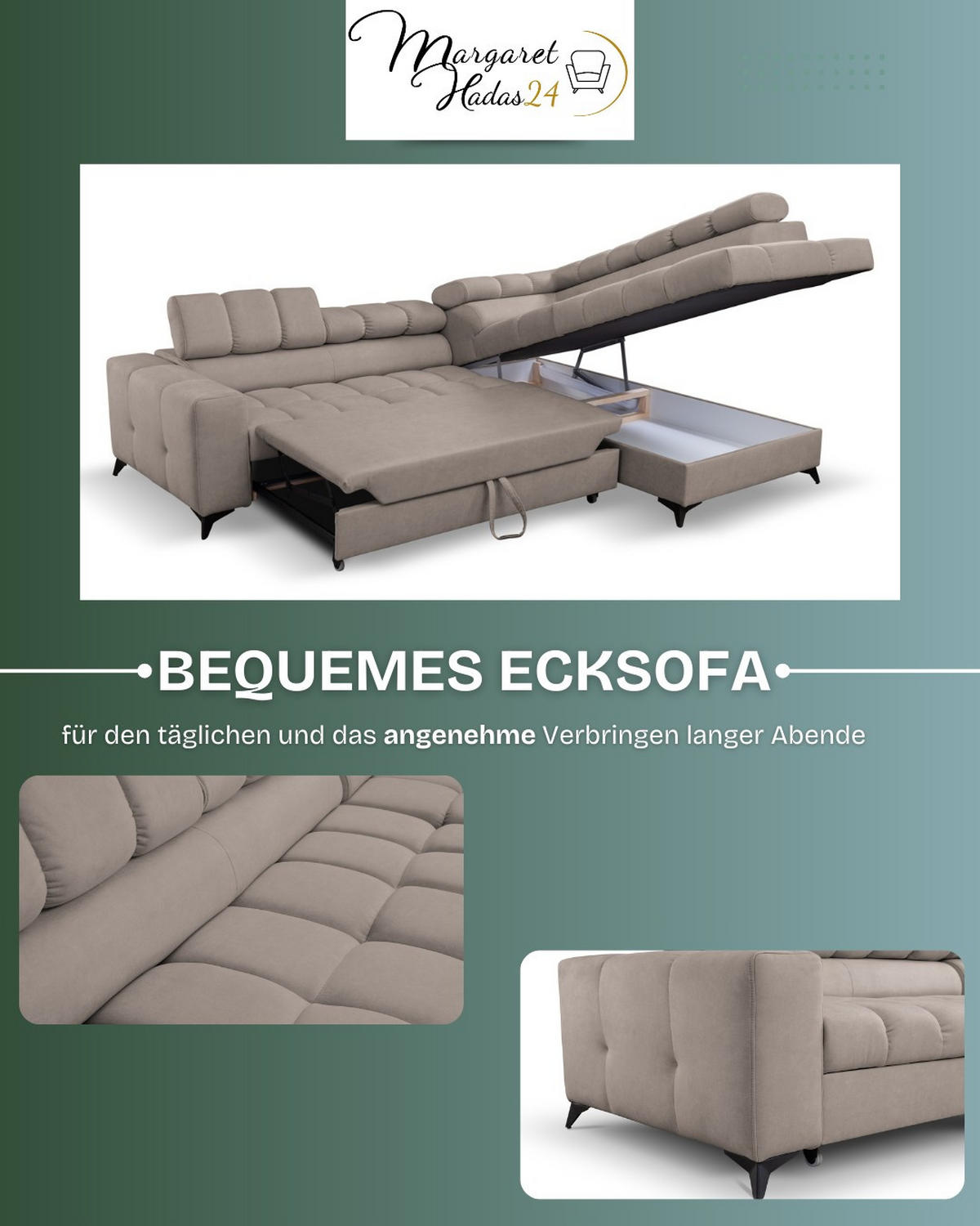 ECKSOFA Andrea L-Form mit verstellbaren Kopfstützen Schlaffunktion Bettkasten 267 cm links rosa - Rosa, Kunststoff (106/267cm) - Margaret Hadas24