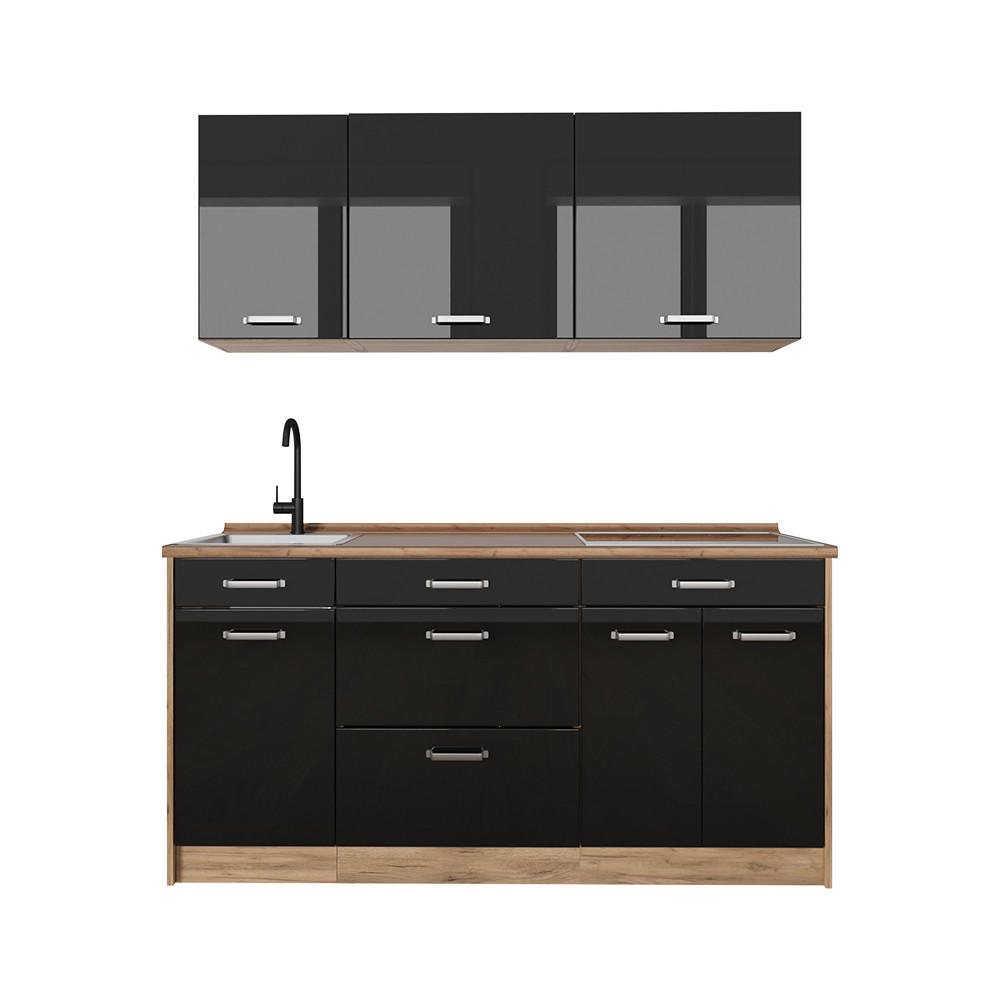 Vicco Singleküche Schwarz Hochglanz, Honigeiche 160x81.6x60 cm