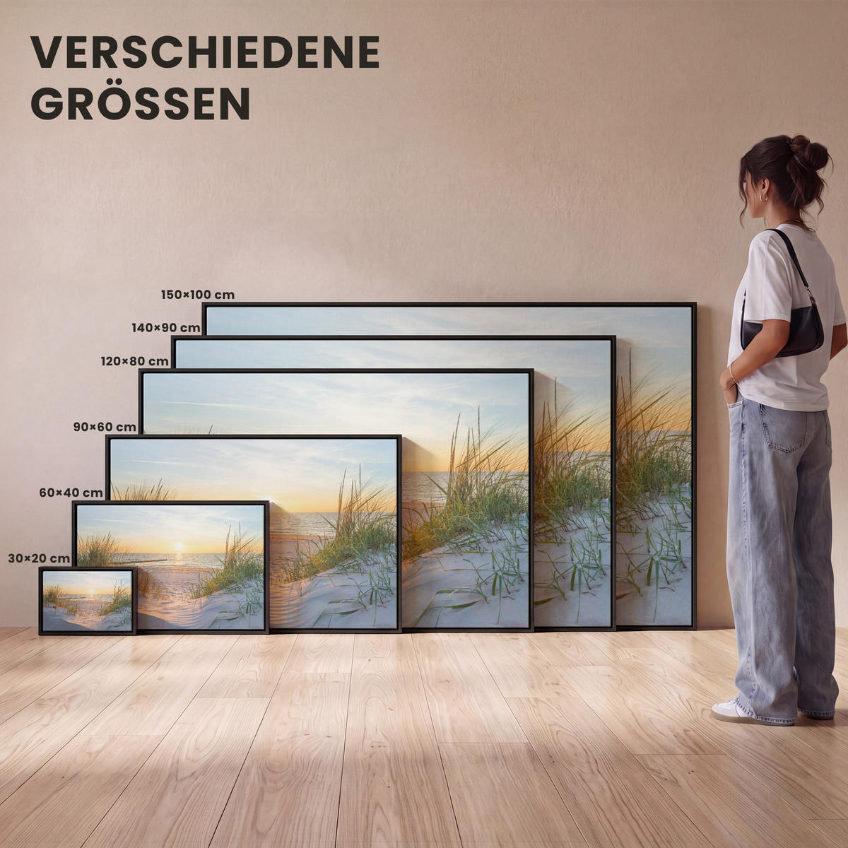 LEINWAND Bilder mit Rahmen - Strand - Sonne - Düne - Gras - Sand - Horizont - 150x100 - Hellblau, Textil (150/100cm) - MuchoWow
