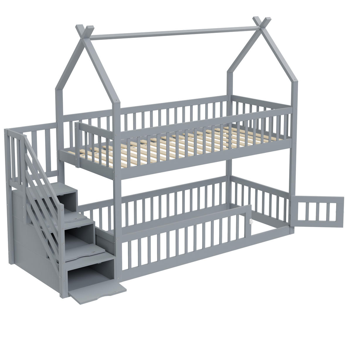 ETAGENBETT 90/200 cm grau aus massivem Kiefernholz mit Dach und Sicherheitstreppe - Grau, Holz (90/200cm) - OKWISH