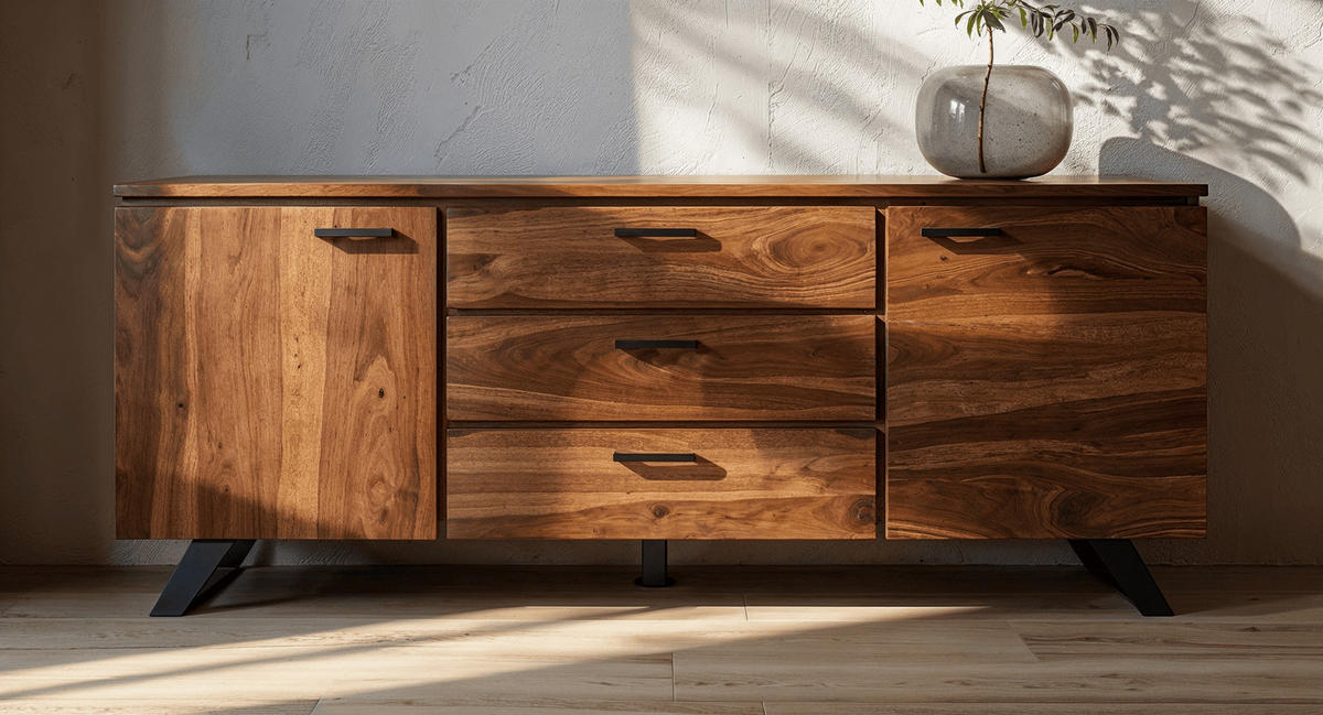 SIDEBOARD – Massivholz, 145x82x45 cm, mit Baumkante, Metallgestell - Schwarz/Braun, Holz/Metall (145/82/45cm) - KADIMA DESIGN