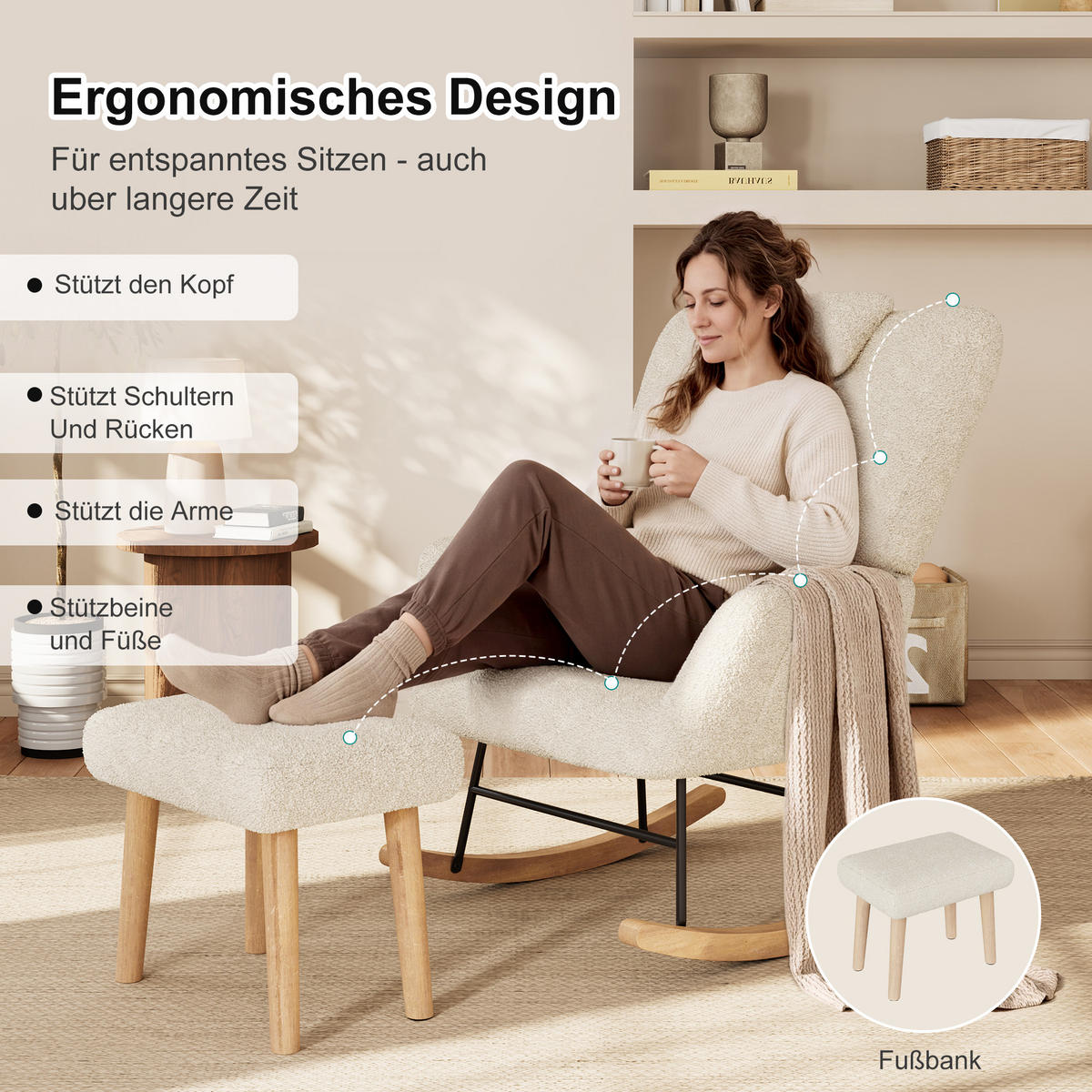 SCHAUKELSTUHL mit Hocker, Beige ,Lendenkissen, Kopfstütze, Seitentaschen und Massivholzsockel, Lammwolle Stoff-für Wohnzimmer, Schlafzimmer - Ecru, Holz/Metall (75/42/93cm) - BursDany