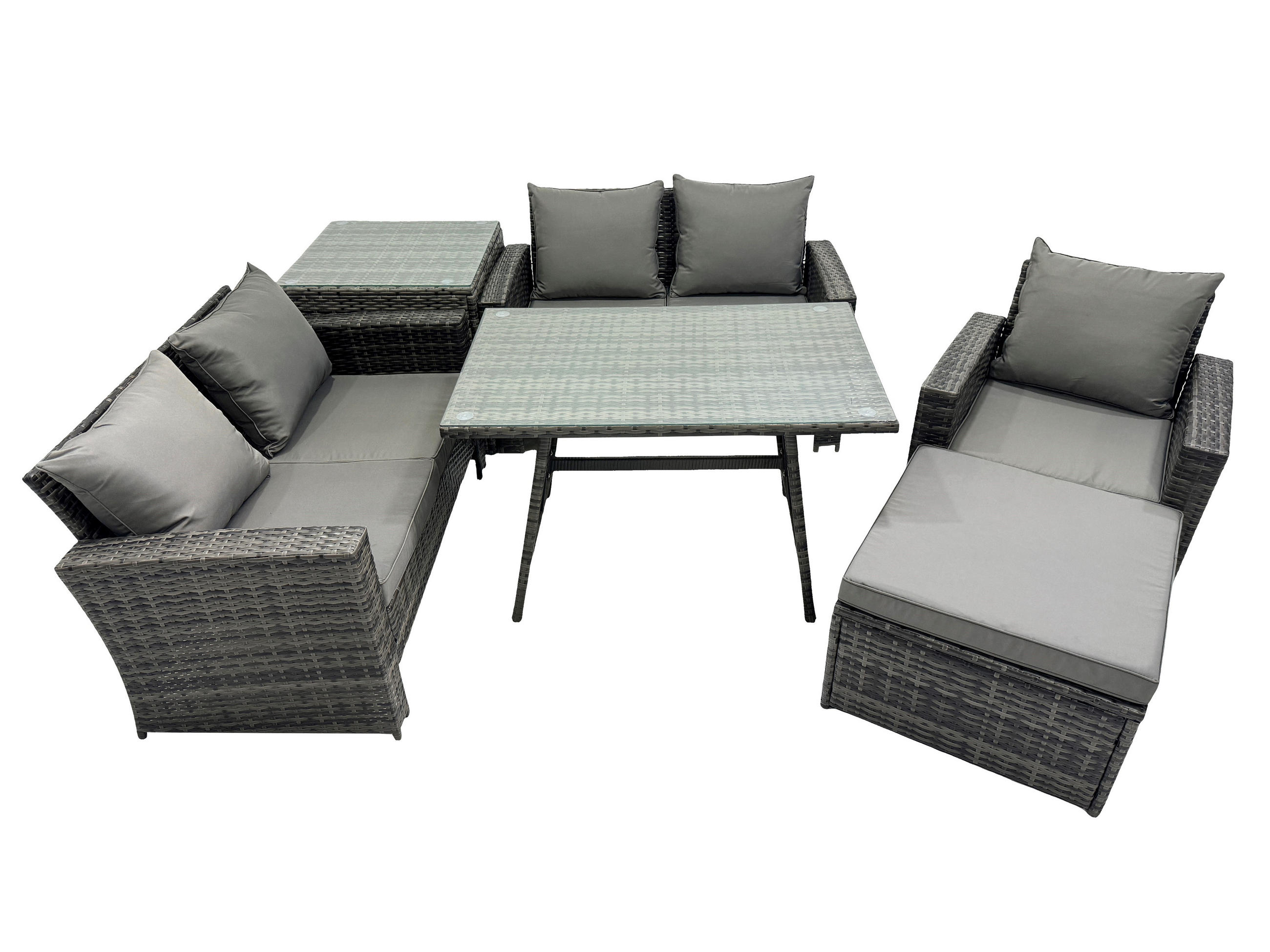 GARTENMÖBELSET mit ESSTISCH,HOCHLEHNER-SOFA Polyrattan Dunkelgrauer Mix 6-Sitzer - Dunkelgrau/Grau, Glas/Kunststoff - Fimous